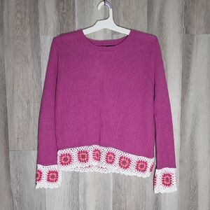 Joseph A Womens Medium Pink Knit Sweater Crocheted Granny Square Cotton Colorful